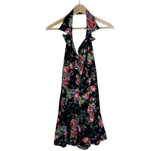 Vanessa Mooney Mini Dress Small Black Floral Halter Lapel Collar Vintage Vibe
